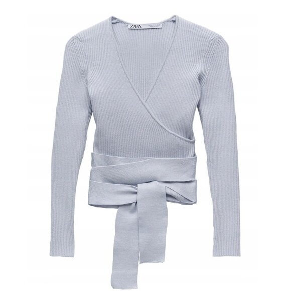 Zara Ribbed Wrap Front Long Sleeve Knit Cardigan Blue Size Small b21E - Picture 2 of 7